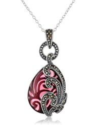 Sterling Silver Oxidized Marcasite and Garnet Colored Glass Textured Teardrop Pendant Necklace, 18"