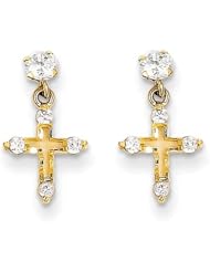 MadiK® 14k Yellow Gold Polished Dangling Cross with Clear CZ Post Earrings