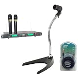 Pyle Mic and Stand Package - PDWM2550 19'' Rack Mount Dual VHF Wireless Rechargeable Handheld Microphone System - PMKS8 U-Base Gooseneck Desktop Microphone Stand - PPFMXLR15 15ft. XLR Male to XLR Female Microphone Cable