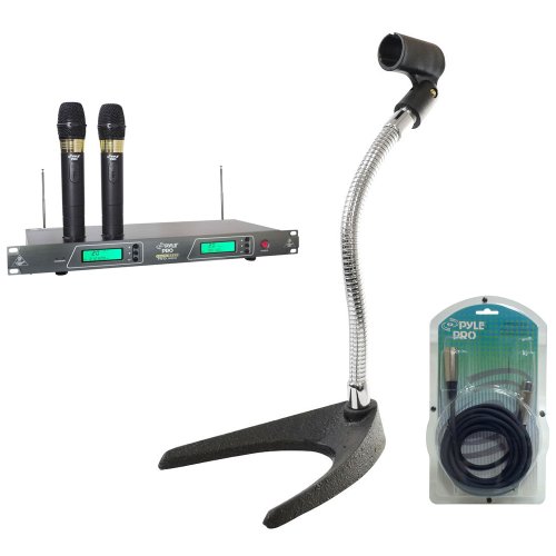 Pyle Mic and Stand Package - PDWM2550 19'' Rack Mount Dual VHF Wireless Rechargeable Handheld Microphone System - PMKS8 U-Base Gooseneck Desktop Microphone Stand - PPFMXLR15 15ft. XLR Male to XLR Female Microphone Cable