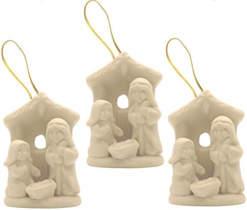 Christmas 3D Holy Family, Manger, Star Nativity White Ceramic Ornament set of 3