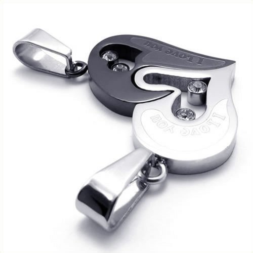 KONOV Jewelry 2pcs Mens Womens Couples Heart Stainless Steel Pendant Love Necklace Set, 18 and 22 inch Chain, Black Silver