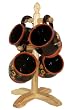 4PC COFFEE MUGS W/ WOOD RACK TUSCANY GARDEN BROWN