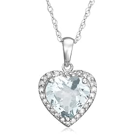 10k White Gold, March Birthstone, Aquamarine and Diamond Heart Pendant by Aquamarine Jewelry