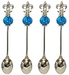 Decorative Fleur De Lis Cocktail Spoon Set of Four with Aqua Blue Glass Bead