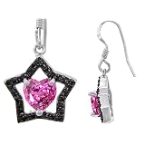 1.50 cttw 925 Sterling Silver 14K White Gold Plated Heart Shaped Created Pink Sapphire Black Star...