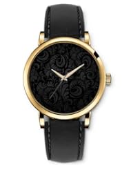SPRAWL Aanalog Fashion Series Gold Ladies Watches of Genuine Black Leather Strap,Unique Wrist Watch for Women Girls Designed with Palace Flowers pattern