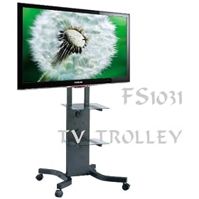 FS1031 TV Trolley Floor Stand w/ Mounting Bracket for LCD/Plasma TVs & Two Black Glass Shelves