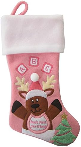 Baby's First Christmas Stocking - 13 inch - with adorable teddy bear - Pink