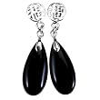 Handmade Black Onyx Teardrop Dangle Earrings With Sterling Silver Chinese Symbol of Prosperity