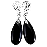 Handmade Black Onyx Teardrop Dangle Earrings With Sterling Silver Chinese Symbol of Prosperity