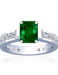 14K White Gold Emerald Cut Emerald Ring With Sidestones