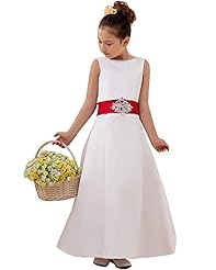 Girls A-line Floor Length Satin Scoop Neck Natural   Waistline Lace Sleeveless Flower-Girl Dress  With a Sash 