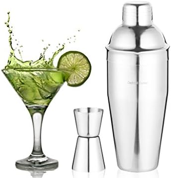 Professional Cocktail Shaker Set With Recipes / Martini Shaker Set - Premium Quality Stainless Steel 24 Ounce Cocktail Shaker Includes a Built in Strainer And Measuring Jigger