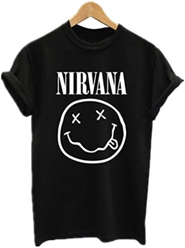 Myriasea Womens Tshirts Nirvana Loose Fit Crewneck Casual Hipster T-Shirt Tops - Black -2XL