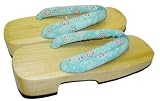 Japanese Sandals - Geta Sandal , Light Wood with Light Blue, Orange/Red and White Cloth Strap