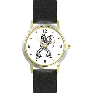 Singer Imitating a Famous Rock & Roll Star (Cartoon) - WATCHBUDDY® DELUXE TWO-TONE THEME WATCH - Arabic Numbers - Black Leather Strap-Size-Large ( Men's Size or Jumbo Women's Size )
