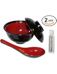 Set of 2 Japanese Rice / Soup Bowls W/lids and Spoon Set - 4.75 Inch / 10 Ounce Bowls - Traditional Black & Red Color - Made of Durable Melamine, Dishwasher Safe, Restaurant Quality - Bundled with 1 Refridgerator / Freezer Thermometer