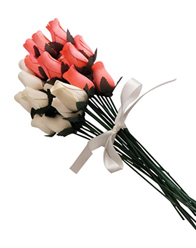 24 Beautiful Realistic Wooden Roses - Artificial Flowers - Peaches and Cream - Gift Boxed