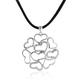 Sterling Silver Silk Cord Necklace with Diamond Accented Circle Heart Pendant 17"