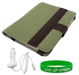 Olive and Red Canvas Case and 12V Car Charger for Amazon Kindle 2 E-Reader Reading Device (Kindle NOT Included)