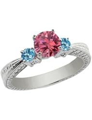 1.05 Ct Round Pink Diamond Swiss Blue Topaz 925 Sterling Silver 3-Stone Ring