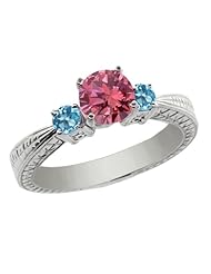 1.05 Ct Round Pink Diamond Swiss Blue Topaz 18K White Gold 3-Stone Ring