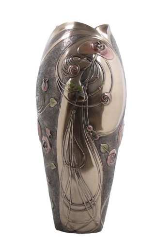 Art Nouveau Geometric Rose and Lady Vase, Bronze Powder Cast 13 3/8-inch