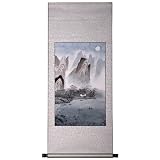 Handmade Asian Wall Art Scroll Painting On Textured Brown Brocade - Mountain Lake Cottage