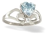 14K White Gold Genuine Heart Aquamarine and Diamond Bowtie Ring