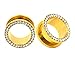 24k Gold Anodized Over Surgical Steel Screw-on Plugs/gauges W Clear Diamond Cz Stones 2 Piece