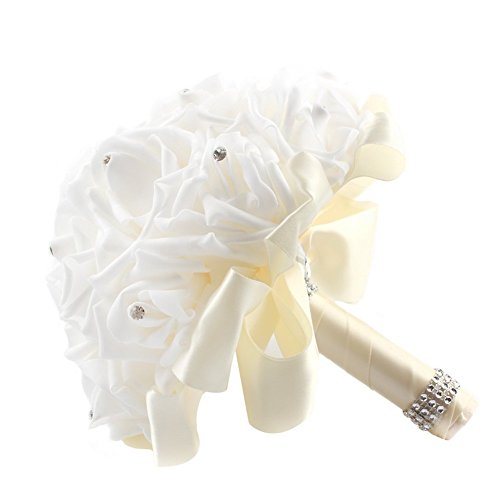 OurWarm® Ivory Crystal Roses Pearl Bridal Bridesmaid Wedding Bouquet Artificial Silk Flowers with 1pcs Glue Stick