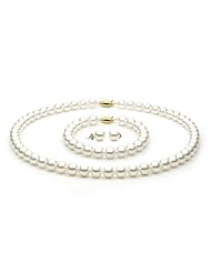 14KT Yellow Gold Elegant Set of Lustrous 7.5-8.0mm White Akoya Pearls including Necklace Bracelet and Earrings.