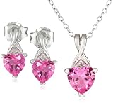 Sterling Silver Created Pink Sapphire with Diamond-Accent Heart Earring and Pendant Boxed Gift Set