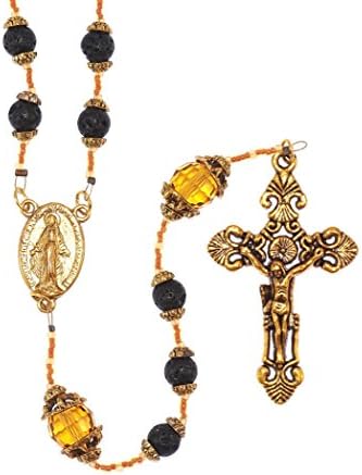 Heirloom Quality Carved Oval Blessed Virgin Mary Medal Vintage Design Pendant Rosary with 6mm Capped Round Black Glass and Capped Faceted Round Glass Our Father Beads with Tibetan Style Ornate Crucufix Gift Boxed