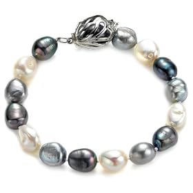 Sterling Silver 10-11mm Dyed Black and Grey Free-Form Pearl Bracelet, 7.75 by Pearl Birthstones