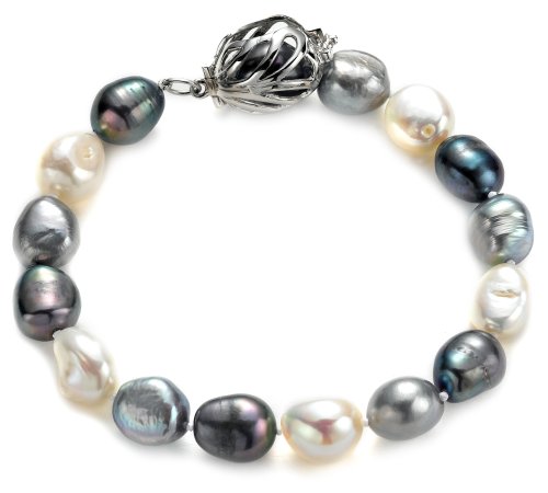 Childrens Toyshop  Jewelry : Sterling Silver 10-11mm Dyed Black & Grey Free-Form Pearl Bracelet, 7.75"