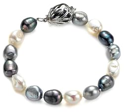 Dyed Black and Gray Free-Form Freshwater Cultured Pearl Bracelet with Sterling Silver Clasp (10-11mm), 7.75"