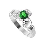 Sterling Silver 5mm Heart Emerald Cubic Zirconia Claddagh Ring Size 6, 7, 8, 9