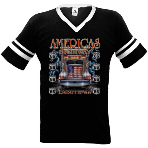 Americas Highway Route 66 Mens Ringer T-shirt, Trucker With American Flag Rte 66 States Mens V-Neck Tee, Small, Royal/White