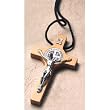 Saint Benedict 3" Light Brown Wood Cruifix with Silver Medallion & Corpus - Cord Necklace - Made in Italy