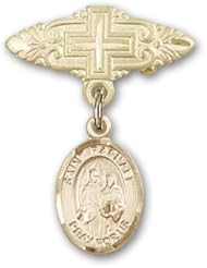 14K Gold Baby Badge with St. Raphael the Archangel Charm and Badge Pin with Cross