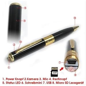 HD SpyCam * Kugelschreiber mit integrieter Kamera * Pen * 1280x960 pixel Video * DVR DV * Spionage * Kamera * camcorder * Stift Spion * Webcam Funktion m�glich * 3264x2448 Pixel f�r Bilder * auch Windows 7 und MAC kompatibel * inkl. USB Kabel und CD spy cam * Neu