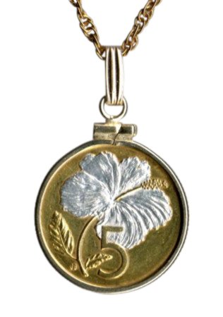 Gorgeous 2-Toned 24k Gold on Sterling Silver World Coin Necklaces in Gold Filled Bezels - Cook Islands 5 cent "White Hibiscus" (penny size)