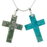 Set of 2 Semi Precious Gemstone Cross Pendants - Stone Types: Turquoise Jasper And Peace Jasper - 48x35mm - 18 Chain Necklace Included