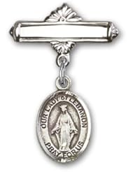Sterling Silver Baby Badge with Our Lady of Lebanon Charm and Polished Badge Pin