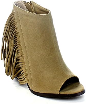 ADIRANA LEANNA-20 Women's Chunky Stacked Heel Side Zipper Fringe Ankle Booties, Color:BEIGE, Size:7