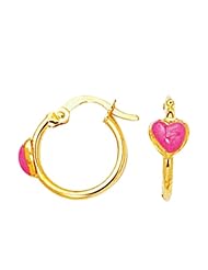 14K Yellow Gold Polish Hoop Like w/ Red Heart Children Earring