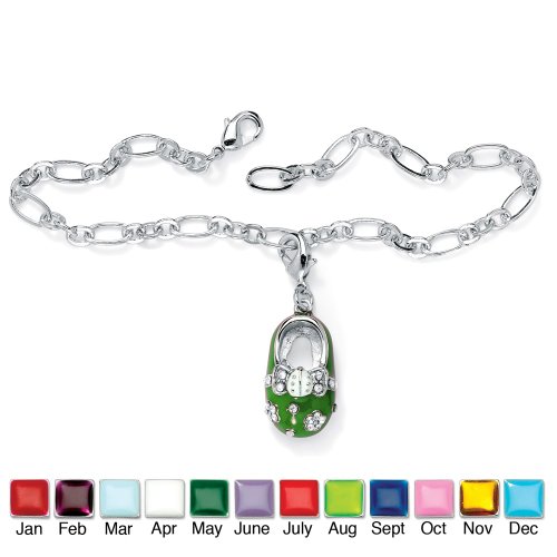 Silvertone Metal Enamel Birthstone and Crystal Baby Shoe Charm With FREE Bracelet- May- Simulated Emerald
