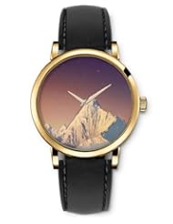 SPRAWL Aanalog Fashion Series Gold Ladies Watches of Genuine Black Leather Strap,Unique Wrist Watch for Women Girls Designed with Snow mountains
